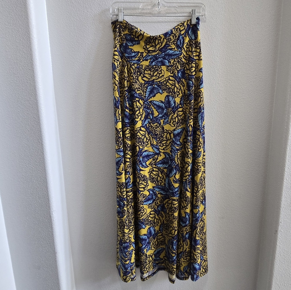 LulaRoe blue and yellow rose/ floral  print maxi skirt size small